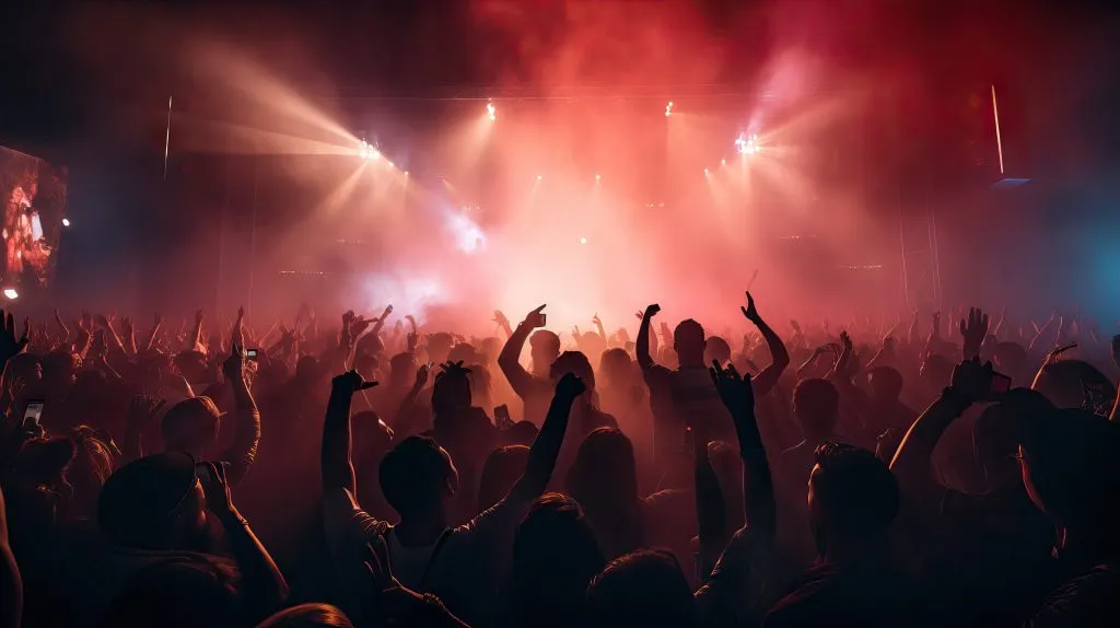 Grupo de gente disfrutando de un concierto, imagen desde atrás, siluetas gente bailando divirtiéndose festival